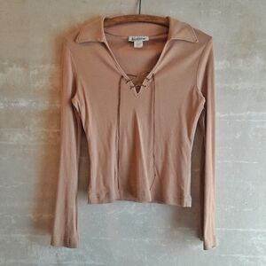 473a. tan vintage Self Esteem cotton western collared y2k long sleeve top, S